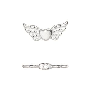 Bead, silver-finished "pewter" (zinc-based alloy), 22x9mm angel wing with heart. Sold per pkg of 20.