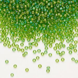 Seed bead, Preciosa Ornela Czech glass, pkg/500g, #11 rocaille, translucent rainbow lime green, (51430).