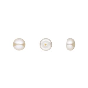 Pearl, White Lotus™, cultured freshwater (bleached), white, 5.5-6mm half-drilled button, B grade, Mohs hardness 2-1/2 to 4. Sold per pair.