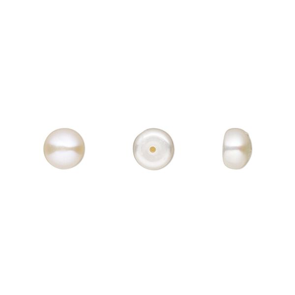Pearl, White Lotus™, cultured freshwater (bleached), white, 5.5-6mm half-drilled button, B grade, Mohs hardness 2-1/2 to 4. Sold per pair. image number 0