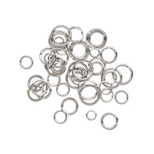 Jump ring mix, stainless steel, 6-12mm round diamond wire, 4.3-9.5mm inside diameter, 16-20 gauge. Sold per pkg of 50.