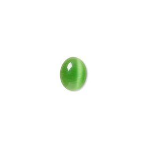 Cabochon, cat's eye glass (fiber optic glass), green, 10x8mm calibrated oval, quality grade. Sold per pkg of 10.