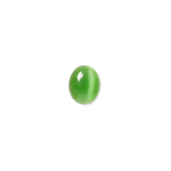 Cabochon, cat's eye glass (fiber optic glass), green, 10x8mm calibrated oval, quality grade. Sold per pkg of 10. image number 0