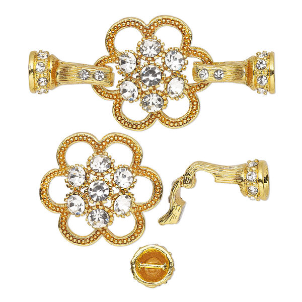 Clasp, magnetic and double latch fold-over, glass rhinestone and gold-plated "pewter" (zinc-based alloy), clear, 48x23mm flower with (2) glue-in end caps, 4.7mm diameter. Sold individually. image number 0