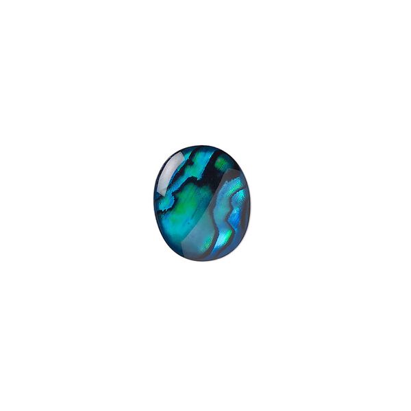 Cabochon, paua shell (coated / dyed), blue, 12x10mm calibrated oval, Mohs hardness 3-1/2. Sold per pkg of 6. image number 0