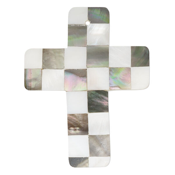 Focal, black lip shell / gold lip shell / mother-of-pearl shell (assembled), 60x47mm - 61x48mm single-sided curved cross, Mohs hardness 3-1/2. Sold individually. image number 0