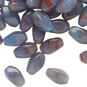 Bead, Czech pressed glass, translucent blue-grey / blue / red, 12x7mm-13x9mm twisted square tube with swirl design. Sold per 2-ounce pkg, approximately 60 beads.