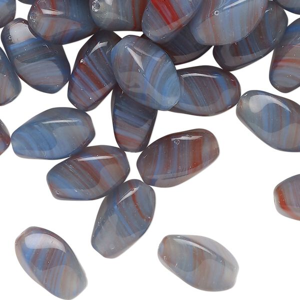Bead, Czech pressed glass, translucent blue-grey / blue / red, 12x7mm-13x9mm twisted square tube with swirl design. Sold per 2-ounce pkg, approximately 60 beads. image number 0