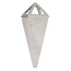 Quartz crystal / "pewter" (zinc-based alloy) 1pkg1, imitation rhodium-finished hand-cut 4-sided point focal natural 36x15mm-42x15mm