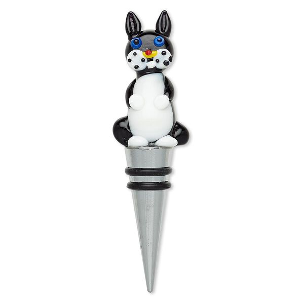 Bottle stopper, lampworked glass / rubber / silver-plated "pewter" (zinc-based alloy), multicolored, 4-3/4 x 1-1/3 inches with cat and 2 rings. Sold individually. image number 0