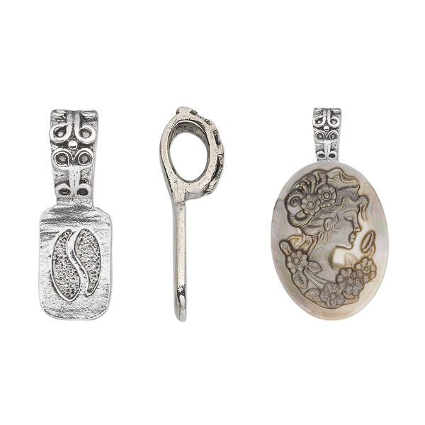 Bail, glue-on, pewter (tin-based alloy), pkg/1, antique silver plate, 22x8mm with 11x10mm rectangle flat base and decorative design. image number 0