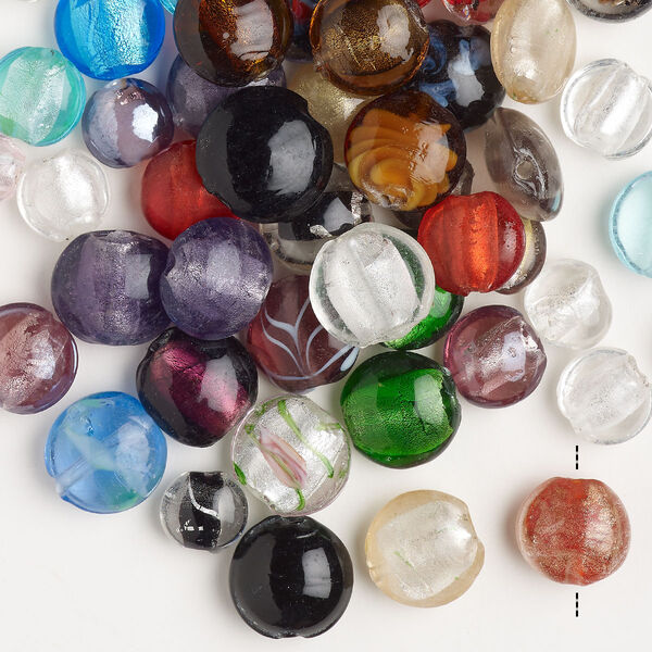 Bead mix, lampworked glass, pkg/4 ounces, opaque to transparent mixed colors with silver-colored foil and copper-colored glitter, 9-17mm puffed flat round. image number 0