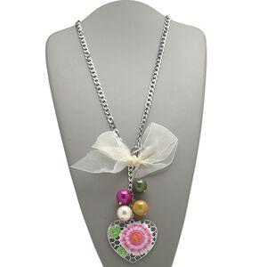 Necklace, silver-finished steel / aluminum / acrylic / satin, multicolored, 5x1-1 / 2 inch bow, 20mm round and 65x57mm heart with flower design, 24 inches with toggle clasp. Sold individually.