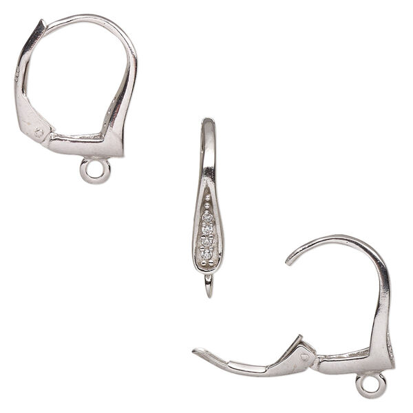 Ear wire, cubic zirconia and rhodium-plated sterling silver, clear, 18mm leverback with closed loop. Sold per pair. image number 0