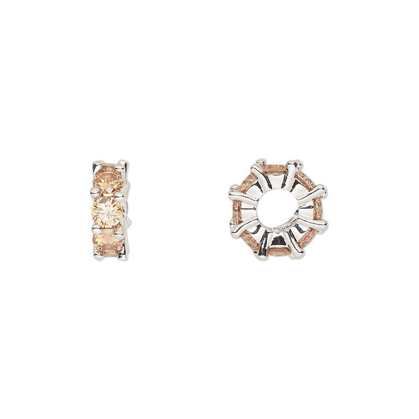 Bead, cubic zirconia and silver-plated brass, topaz, 10.5x3.5mm rondelle. Sold per pkg of 2. image number 0