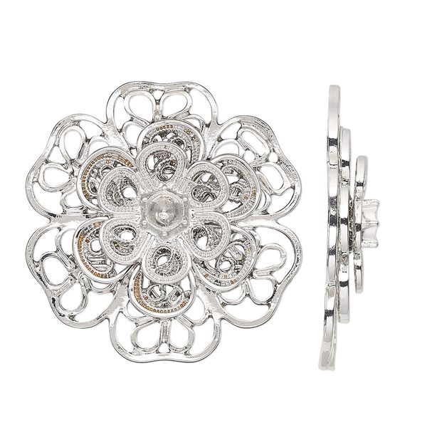 Focal, silver-finished "pewter" (zinc-based alloy), 38mm single-sided flower with SS19 chaton setting. Sold individually. image number 0