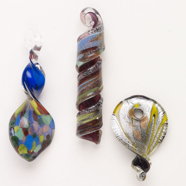 Random focal mix, lampworked glass, opaque mixed colors with silver-colored foil and copper-colored glitter, 1-3/4 x 1-1/2 to 3-1/2 x 1-1/2 inch twist. Sold per pkg of 3. image number 0