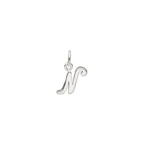 Charm, sterling silver, 8x7mm Champagne cursive alphabet letter "N." Sold individually.