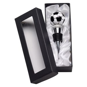 Bottle stopper, lampworked glass / rubber / silver-plated "pewter" (zinc-based alloy), clear / black / white, 3-3/4 x 1-1/2 inches with soccer ball. Sold individually.