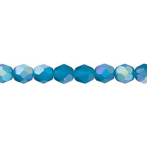Bead, Czech fire-polished glass, opaque to translucent matte blue AB, 6mm faceted round. Sold per 15-1/2" to 16" strand.