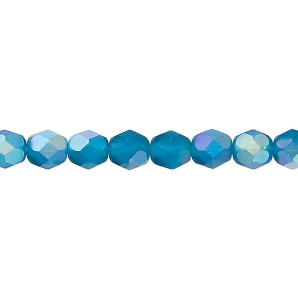 Bead, Czech fire-polished glass, opaque to translucent matte blue AB, 6mm faceted round. Sold per 15-1/2" to 16" strand. image number 0