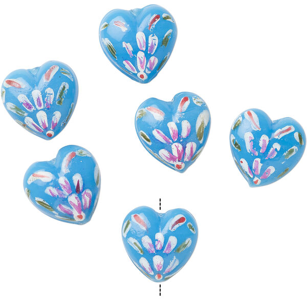 Bead, lampworked glass 1pkg6, turquoise blue, 18x11mm hand-painted heart. image number 1