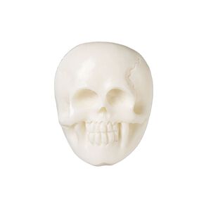 Component, bone (bleached), 26x20mm hand-carved single-sided skull, Mohs hardness 2-1/2. Sold individually.