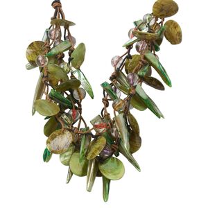 Necklace, multi-strand, acrylic / mussel shell / mother-of-pearl shell (dyed) / waxed cotton cord / brass / steel, multicolored, 9mm round / 10x10mm stick / 20mm flat round, 22 inches with lobster claw clasp and 2-inch extender chain. Sold individually.