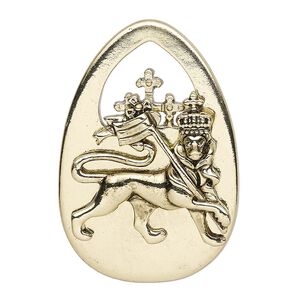 Focal, antique gold-finished "pewter" (zinc-based alloy), 44x30mm single-sided teardrop with lion and crown with scepter. Sold per pkg of 2.