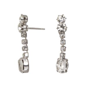 Earstud 1pkg2, 30mm dangle, imitation rhodium-finished stainless steel / glass clear 1 pair