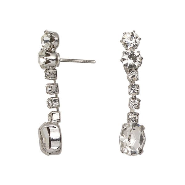 Earstud 1pkg2, 30mm dangle, imitation rhodium-finished stainless steel / glass clear 1 pair image number 0