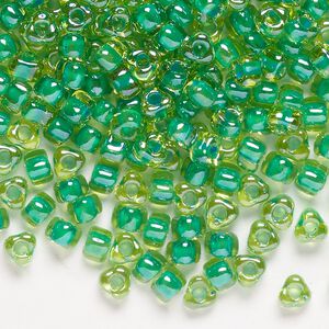 Seed bead, Miyuki, glass, transparent amber yellow color-lined kelly green, (TR1811), #5 triangle. Sold per 250-gram pkg.