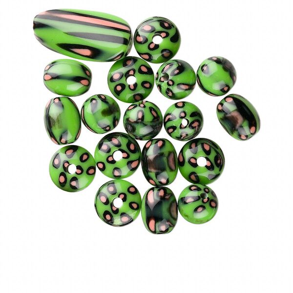 Focal and bead, acrylic, green / black / orange, assorted size and shape with dots and lines design, 2-3.5mm hole. Sold per 19-piece set. image number 0