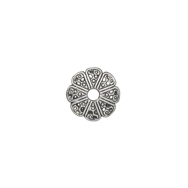 Bead cap, antique silver-plated "pewter" (zinc-based alloy), 12x2mm filigree round, fits 10-18mm bead. Sold per pkg of 50. image number 0
