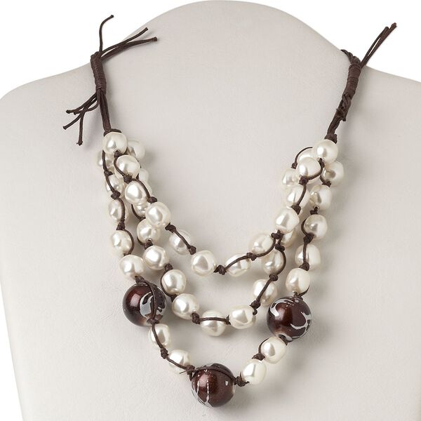 Necklace, waxed cotton cord / plastic / wood (dyed), brown / white / grey, 20mm round, 18 inches with button-style clasp. Sold individually. image number 0