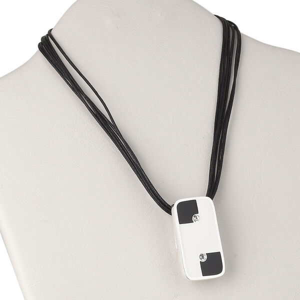 Necklace, 6-strand, silver-plated brass / enamel / waxed cotton cord / crystal rhinestone, black / white / clear, 47x26mm rectangle, 16 inches with 3-inch extender chain and lobster claw clasp. Sold individually. image number 0