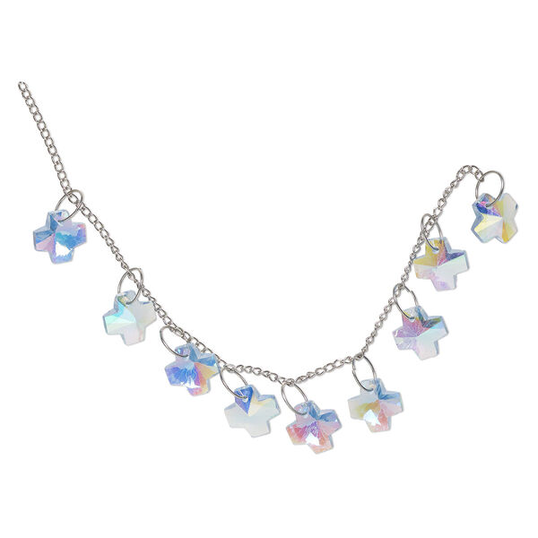Drop, "pewter" (zinc-based alloy) / steel / glass, pkg/8, 14mm faceted cross, silver finish and translucent light sapphire AB. image number 0