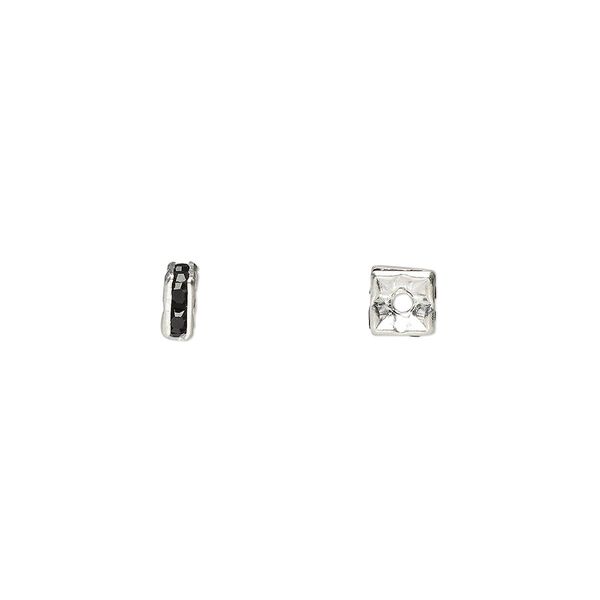 Bead, glass rhinestone and silver-plated brass, black, 4x2mm squaredelle. Sold per pkg of 10. image number 0