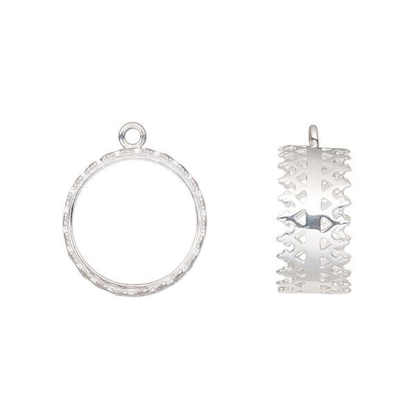 Drop, sterling silver, 15mm double-sided round with (2) 14mm round cabochon bezel settings. Sold individually. image number 0