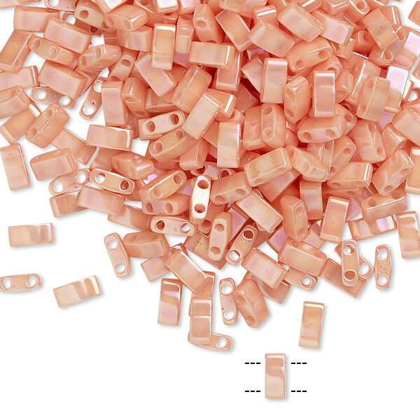 Seed bead, TILA®, glass, pkg/10g, 5x2.3mm half tila rectangle, opaque luster rainbow light peach, (HTL-596). image number 0