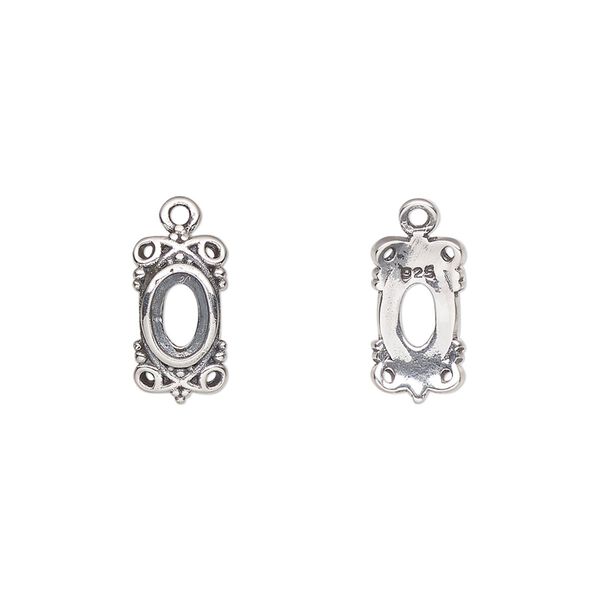 Drop, antiqued sterling silver, 13x7mm overall with 6x4mm oval setting and filigree design with open back. Sold individually. image number 0