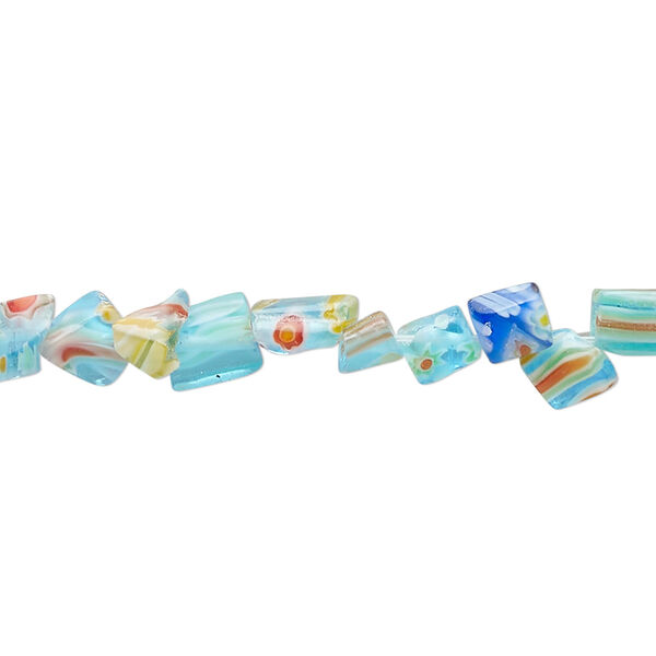 Bead, millefiori glass, translucent aqua blue and multicolored, small chip. Sold per 33-inch strand. image number 0