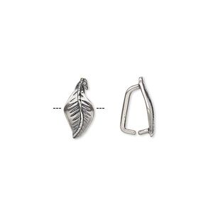 Bail, ice-pick, antique silver-plated brass, 12.5x6.5mm leaf, 8mm grip length. Sold per pkg of 2.