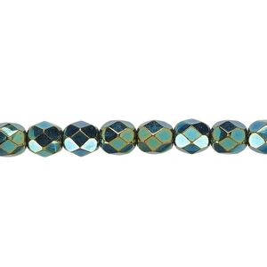 Bead, Czech fire-polished glass, opaque iris green, 6mm faceted round. Sold per pkg of 1,200 (1 mass).