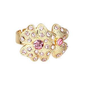 Ring, crystal rhinestone and gold-plated brass, hot pink and light pink, 27x20mm double 4-leaf clover, adjustable. Sold individually.