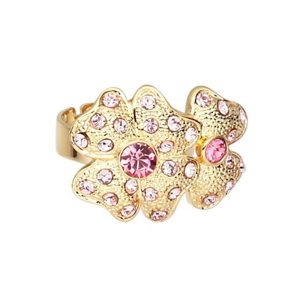 Ring, crystal rhinestone and gold-plated brass, hot pink and light pink, 27x20mm double 4-leaf clover, adjustable. Sold individually. image number 0
