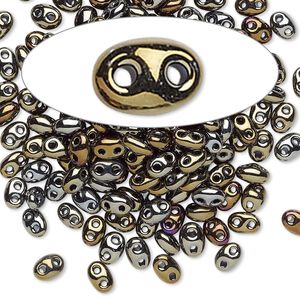 Seed bead, Preciosa Twin™ Czech glass, pkg/10g, 5x2.5mm oval, opaque gold iris black, (59115).