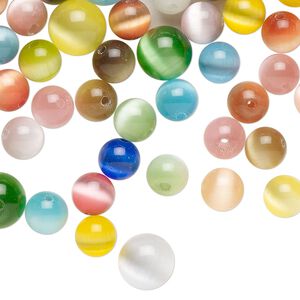 Bead mix, cat's eye glass (fiber optic glass), opaque mixed colors, 6-10mm round. Sold per 2-ounce pkg, approximately 140 beads.