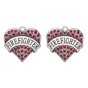 Charm, antique silver-finished "pewter" (zinc alloy) and glass, red, 25x23mm firefighter heart. Sold per pkg of 2.