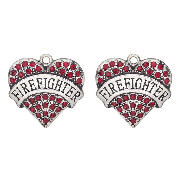 Charm, antique silver-finished "pewter" (zinc alloy) and glass, red, 25x23mm firefighter heart. Sold per pkg of 2. image number 0